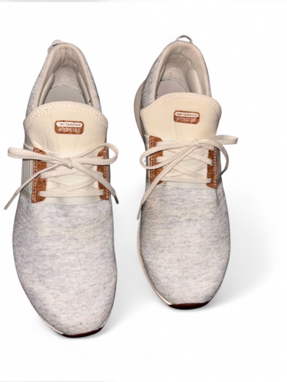 New Balance Men's Cream and Light Gray Knit Sneakers with Tan Accents